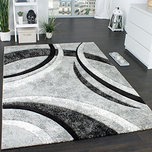 Paco Home Designer Teppich mit Konturenschnitt Muster Gestreift Grau Schwarz Creme Meliert, Grösse:240x330 cm