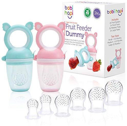 Babi Hapi® Fruit Feeder Dummy – 2Pcs with 6 Teats – Non-BPA Super Soft Silicone Teethers for Babies – Small, Medium and Large Baby Pacifier Feeder – Easy to Clean