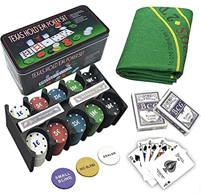 POKER SPIELSET MIT METALLBOX KOMPLETT FICHES + KARTEN + MATTE