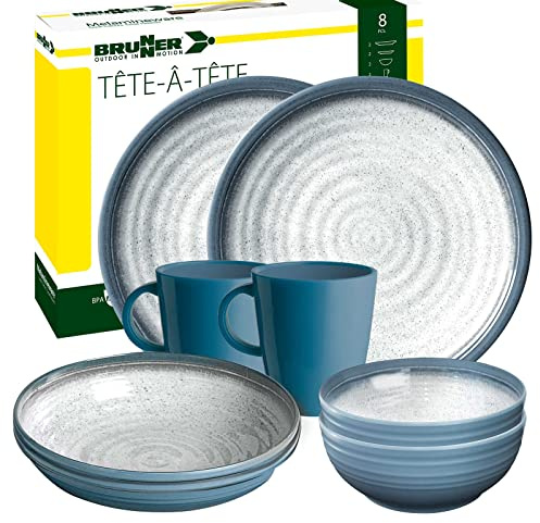BRUNNER: Camping-Geschirr-Set Melamin | 8-Teilig - Teller, Schüsseln & Becher für 1-2 Personen | Tête â Tête Tuscany - Steingut, Bruchfest & Anti-Slip
