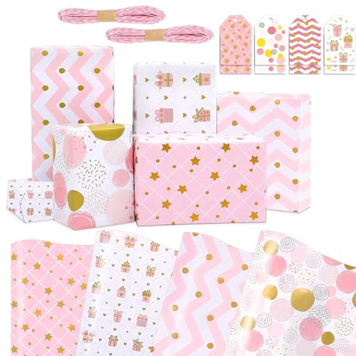 Jatidne 12 Sheets Pink Wrapping Paper with Matching Tags Girls Wrapping Paper Birthday Recyclable Gift Wrap