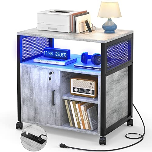 Unikito Aktenschrank mit LED-Lichtern, seitlicher Aktenschrank mit Steckdosen und USB-Ladeanschlüssen, Druckerständer mit Stauraum, Büroschrank für Brief, A4, Rechts- und Aktenordner, Helles Walnuss