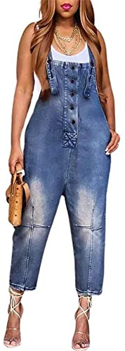 CHARTOU Women's Casual Loose Fit Jean Jumpsuit Overalls Crop Harem Denim Pants (Small, Dark Blue)