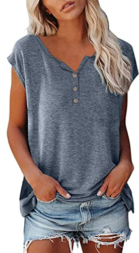 Top para mujer, cuello de pico, manga corta, camisetas con botón, elegante, túnica, monocolor, suelta, ligera, básica, camiseta