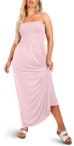 NetSetUK Women's Strapless Sheering Boob Tube Gather Oversized Plus Size Elasticated Bust Bandeau Printed Beach Summer Sleeveless Top Dress for Ladies 8-22 Baby Pink