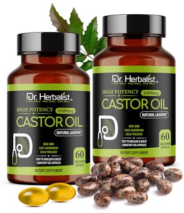 Dr. HERBALIST Castor Oil Capsules 1600mg - Cold Pressed Ricinus Communis Softgels | Supports Digestive Wellness & Hair Skin Vitality* | Halal, Non-GMO, Vegan | 60ct