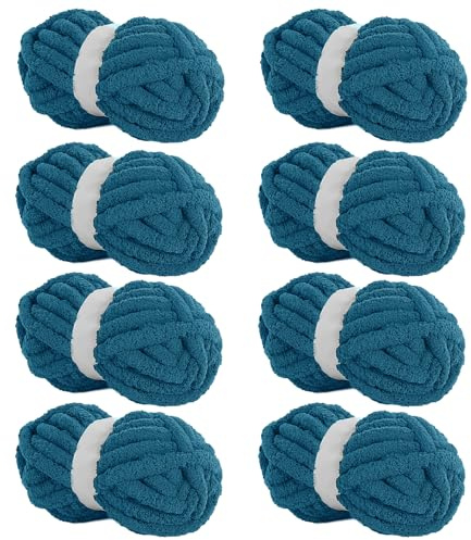 Hombys Indigo Chunky Chenille Yarn for Crocheting & Knitting, Super Bulky, Soft Plush, 8 Jumbo Packs (27 yds, 8 oz Each)