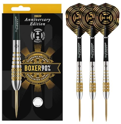 Harrows Set di Freccette con Punta in Acciaio al tungsteno Boxer Bomb al 90%. Disponibile in 22g, 24g e 26g - Include aste in Carbonio Midi Supergrip e Alette del Nuovo Anniversario (22g)