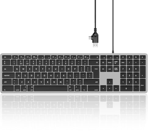 Seenda JP208 Wired Keyboard for Mac OS, Full-Size, Slim & Quiet, with Numeric Pad & 2-in-1 USB A/Type C Connector, Ideal for Home & Office - UK Qwerty Layout, Black and Dark Grey