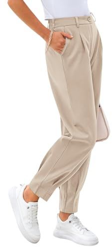 CFLONGE Women's Pants Dressy Casual High Waist Tapered Trousers Pants for Womens Lightweight Ankle Length Slacks with Pockets(Light Khaki,Large)
