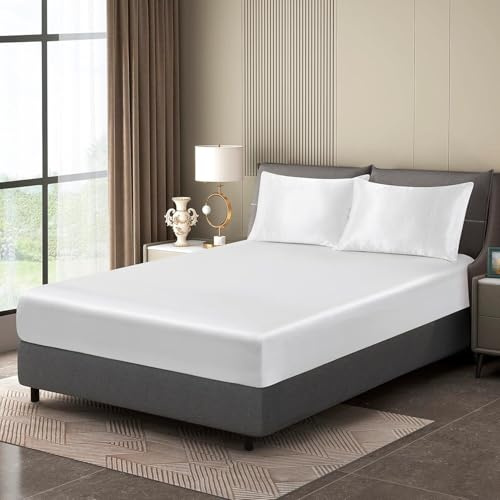 Luowei Drap Housse en Satin 200x200cm Blanc Microfibre Drap de lit Soie Drap-Housse Doux Brillante Drap-Housse de Qualité Supérieure pour Matelas Épais Jusqu'à 25-30cm