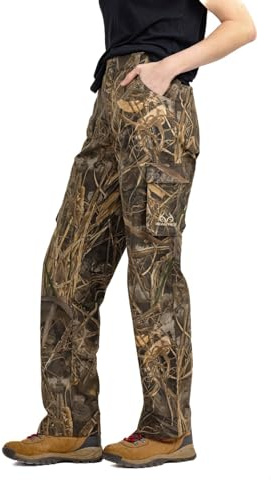 Realtree Women’s Camo Hunting Cargo Pants - Lightweight Cotton 6 Pockets Mid-Rise Slim Fit