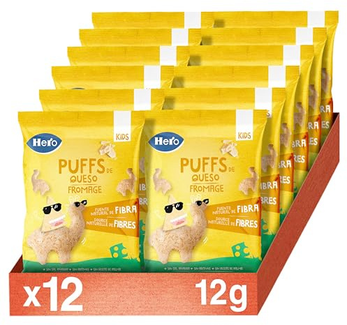 Hero Baby - Puff Snack de Queso, Ingredientes 100% Naturales, Fuente Natural de Fibra, Sin Sal Añadida, Sin Aceite de Palma, Sin Aditivos, Snack Infantil, Pack de 12 x 12g