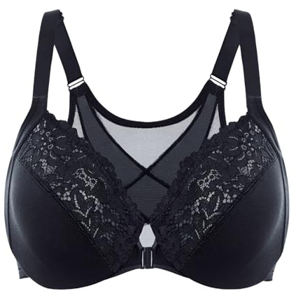 DELIMIRA Women's Front Closure Bras Posture Full Coverage Plus Size Lace Underwire Unlined Bra Black 38DD