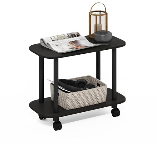 Furinno TURN-N-TUBE Side Table, 2-Tier Oval Sofa End Table with Wheels, Round Corner Night Stand, Bedside Table with Open Shelf, Toolless Assembly, for Living Room, Bedroom, Espresso