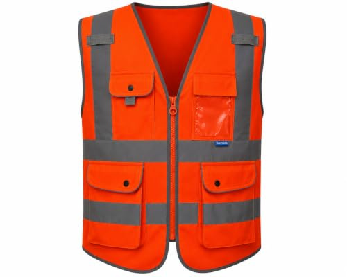KANMORE Hi Vis Reflective Vest with 7 Pockets Including Side-Entry Hand Pockets, Snap Buttons, Reinforced Zip and Clear ID Holder - Orange/Yellow