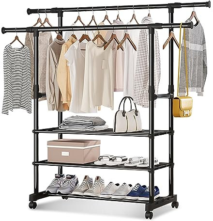 ALKNOT - Kleiderstange,Kleiderständer,Kleiderständer auf rollen,Kleiderständer stabil mit 3 Lagen Staufächer,Doppelte Kleiderstange ausziehbar