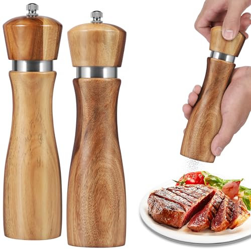 2Pcs Wood Salt and Pepper Grinder Set Manual Salt Pepper Mill Grinder Coarseness Adjustable Salt Grinder with Ceramic Core Refillable Mill Grinder Set Ergonomic Pepper Mill for Salt Chili Coriander