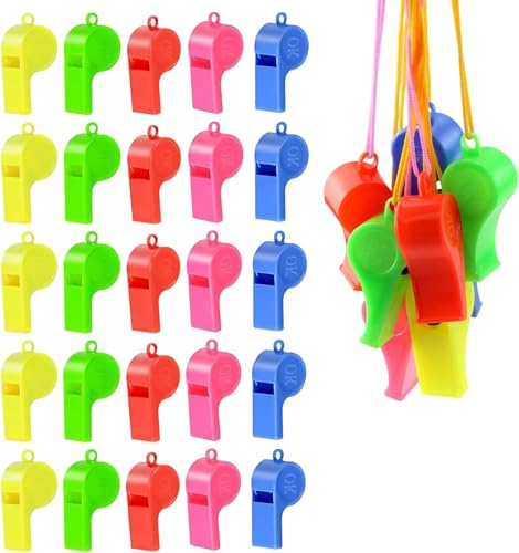 QHFlashbuy Fischietti in Plastica,24 Pezzi Fischietti di Plastica con Cordino,Sporting Fischietto per Arbitro,Fischietto Colorato per Bambini Fischietto da Allenamento per attività All'Aperto