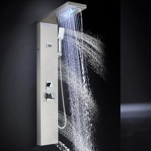 Panneau de douche avec affichage de la température, robinet et LED, système de douche avec 5 fonctions de douche, panneau de douche en acier inoxydable, douche à effet pluie, douche à brouillard
