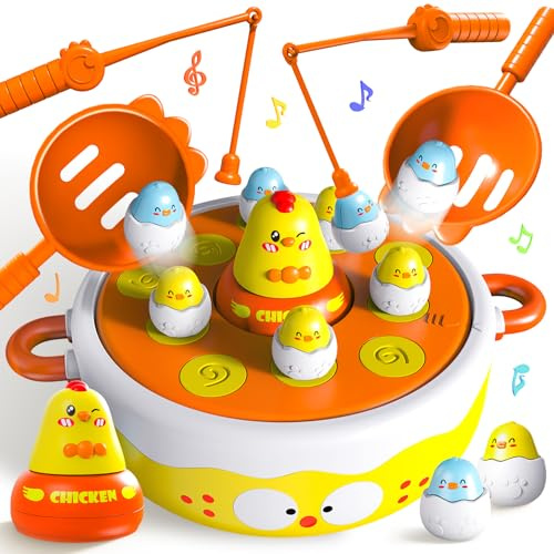 BunnyJOY Juego de Pesca Magnética 4 en 1 con Pollitos para Niños 3+ Años, Juguete Educativo Montessori Interactivo con Música, Juego Infantil de Pescar con Red, Regalo para Niños y Niñas 3 4 5 6 Años