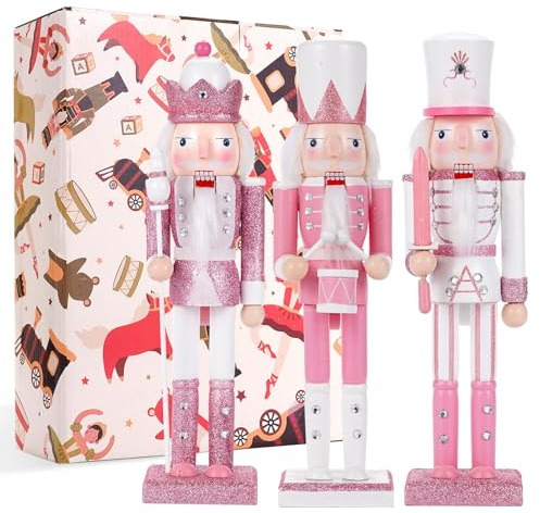 3 Piezas en Color Rosa Cascanueces Navidad,Decoración de 30CM Quebra Nozes Natal,Madera Soldados Cascanueces Decoración del Hogar,Nutcracker Christmas Chimenea del Hogar Decoración Nvidad.