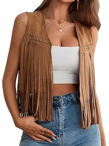 Edhomenn Womens Cowgirl Waistcoat Faux Suede Tassel Jacket Western Outfit | Fringed Waistcoat Top, Sleeveless Cowboy Jacket, Country and Western Clothing for Women