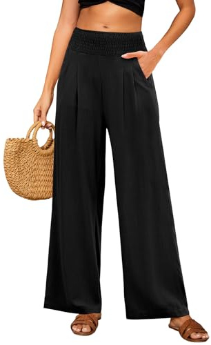 PASUDA Pantalones Mujer Verano Algodón Lino Pantalón Suelto Cómodos Cintura Alta Elástico Casual Pantalones Flojo Playa Pantalones Anchos Largos