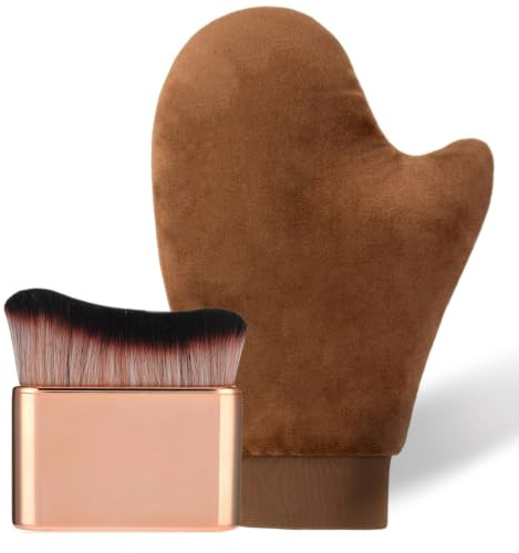 Self Tanning Mitt and Brush for Lotion, Sunless Spray Tan, Face and Body | Smooth Streak-free Fake Tan Mitt and Brush Kit