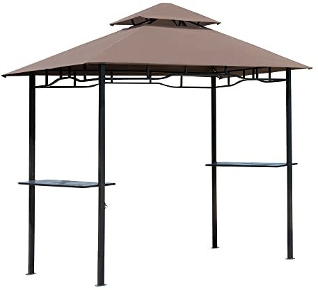 HOMCOM Pavillon abri tonnelle de Jardin pour Barbecue Double Toit 2 tablettes incluses Tissu Polyester Acier 2,5 x 1,5 m Chocolat