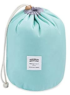 Women Travel Make Up Bag,Pouches Cosmetic Bags Girls Barrel Shaped Hanging Toiletry Wash Bags Nylon Drawstring Makeup Organizer Storage Bag + Small Zipper Pocket+PVC Transparent Brush Bag (Green)