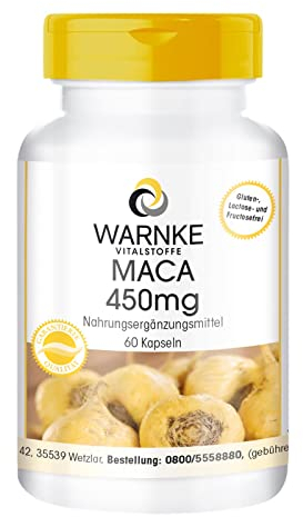 Maca 450mg - 60 Kapseln - hochdosiert & vegan - gelbe Maca-Wurzel Extrakt - 4500mg pro Tagesdosis | Warnke Vitalstoffe - Deutsche Apothekenqualität