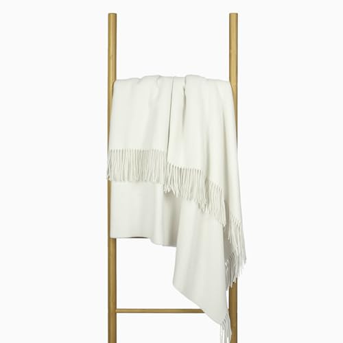 Nostra Andora Merino-Woll- und Kaschmirdecke – Weiche, atmungsaktive und leichte Elegante Überwurfdecke für Sofa und Außenbereich, temperaturregulierendes Design mit Fransen (Kaschmirweiß)