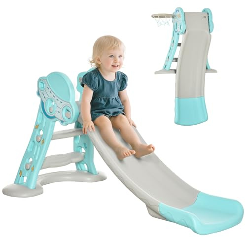 HOMCOM Tobogán para Niños +18 Meses Plegable 2 en 1 con Canasta de Baloncesto Modelo Jirafa Juguete Infantil para Interiores y Exteriores 140x87x75 cm Azul y Gris