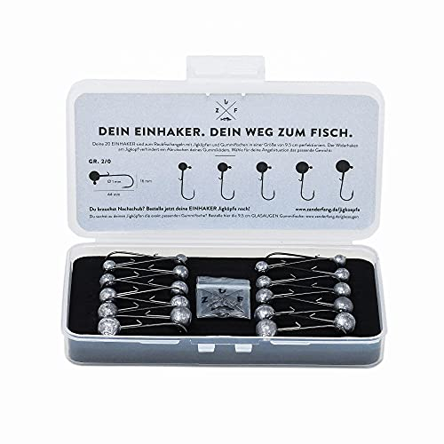 Zanderfang – Jigköpfe Set Angelhaken – Jigkopf Größe 2/0 für Gummifische 8cm bis 11cm – 20 Jigköpfe Set – 10 Snaps Angeln – Leichte Jighaken 4 x 3g 5g 7g 10g 12g