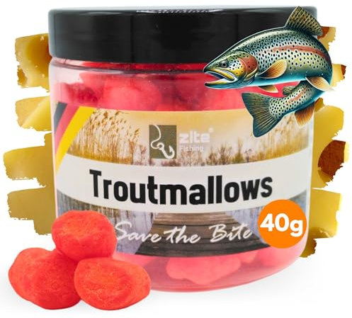 Zite Fishing Trout Mallows Forellenköder - Hochfängiger Forellenteig auftreibend - Troutmallows Starke Aromen & Leuchtende Farben, 40g Dose, Forellen Köder für Grundmontage (Käse orange)
