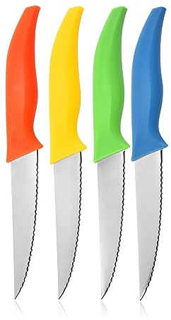 Astylway Coltelli da Bistecca 4 pezzi affilatissimo Set di Coltello da cucina da tavola seghettati,lavabili in lavastoviglie,Multi colore (arancione, verde, blu, giallo)