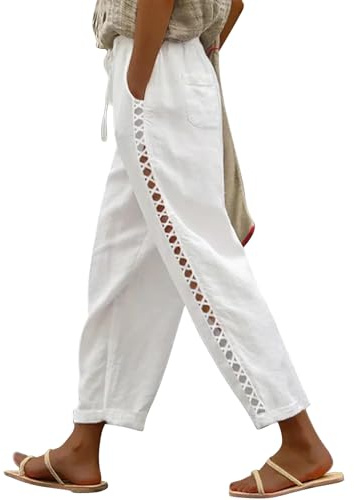 Puimentiua Sommerhose Damen Leicht,Sommer Leinenhose,7/8 Weiße Hose,Luftig Sommerhosen,High Waist Linen Pants,Elegant Stoffhose,Lockere Ausgehöhlt Hosen mit Tunnelzug und Taschen (Weiß,XL)