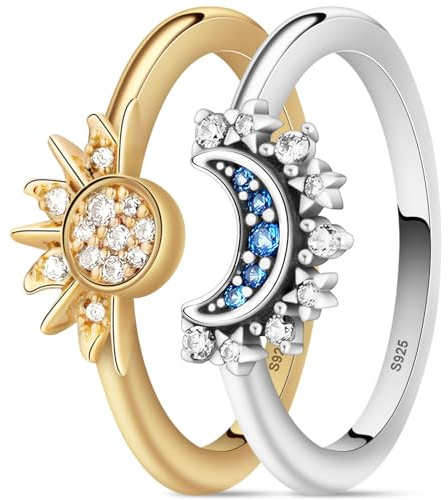 Aucuu Bague Soleil et Lune S925 Argent - 2Pcs Scintillant en Forme de Lune et Soleil - Bague d'Amitié pour Femme, Couples