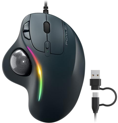 Trackball-mus med sladd, ergonomisk komfortdesign minskar muskelbelastning, USB-kontakt och spel, enkel tumkontroll, precisionsspårning med 5 justerbara DPI, RGB-rollerball-mus kompatibel med PC, Mac