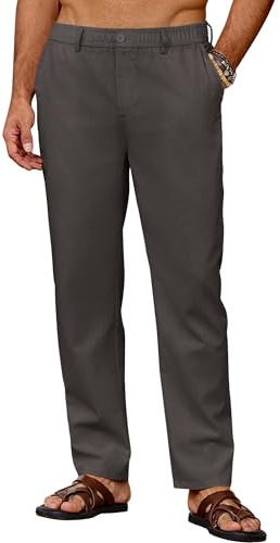 COOFANDY Pantalones Lino Hombre Pantalones Largos de Verano Ligeros con Bolsillos Cintura Elástica Cordón Gris Oscuro XL