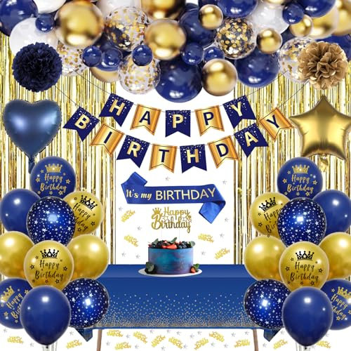 Geburtstagsdeko Blau Gold, Marine Blau und Gold Party Deko Set mit Happy Birthday Banner, Konfetti Luftballons, Schärpe, Tischdecke, Vorhang, Pompons für Mann Frauen Geburtstag Deko