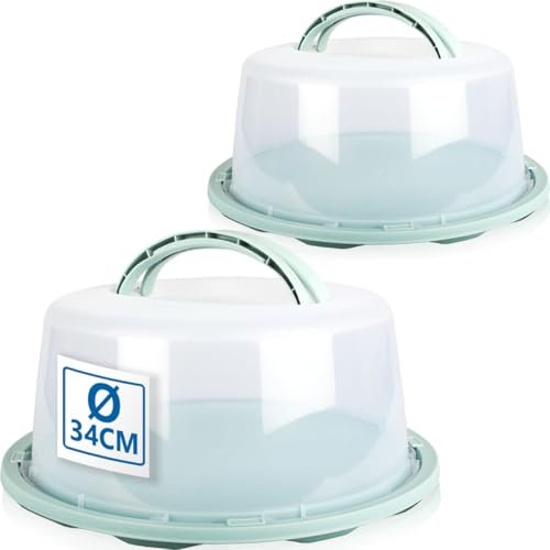 Stimo 2x Kuchen Transportbox rund mit Tragegriff Tortenhaube Kuchenbehälter mit Klickverschluss (Pastell-Grün)