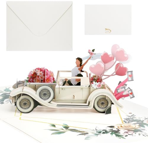 APOMOONS carte mariage félicitation 3D Pop Up avec enveloppe, carte de vœux faite main Voiture de mariage avec mariés pour la Saint-Valentin, fiançailles, anniversaire, 15 x 20 cm