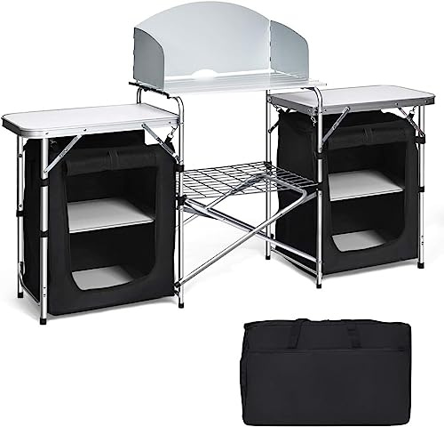 CYANGBO Camping Table, Folding Camping Table with Windshield and Carrying Bag, Outdoor Garden Kitchen Mesh-Door Storage Cabinet Shelves, Stove Burner Gas Organizer BBQ Picnic Table(Black)