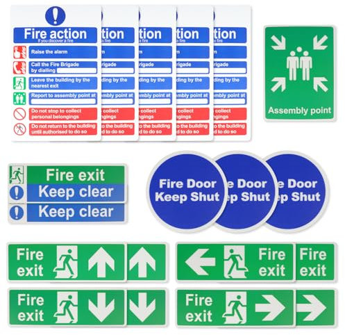 19 Pack Fire Safety Signs, 1mm Rigid Plastic Fire Action Notice Sign Fire Exit Sign Kit Down Left & Assembly Point Signs 200mm x 300mm Self-Adhesive Weatherproof Design