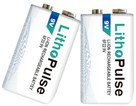 LithoPulse 2 Pack Rechargeable 9V Batteries 1200mAh for Cameras Home Security Devices 9 Volt Lithium-ion Long Lasting Batteries with 2-in-1 USB-C Charging Cable