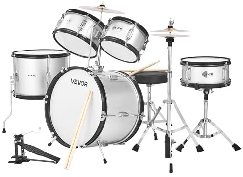 VEVOR Kids Drum Set, 5-Piece 16 in Junior Drum Sets, Beginner Drums Set with Adjustable Throne, Cymbal & Two Pairs of Drumsticks, Musical Learning Drums Instrument Kit, for Children Ages 6-13(Silver)
