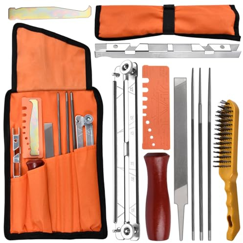 LEONTOOL 10 Pcs Chainsaw Sharpener File Kit, 5/32, 3/16, 7/32 Round Files, 6 Flat File, Wire Brush, Wood Handle, Depth Gauge, Quick Check Gauge, Filing Guide, Tool Pouch, Chain Saw Sharpener Tool