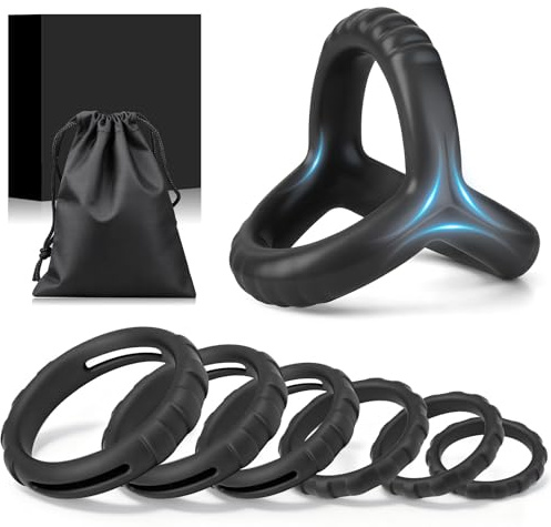 Meslav Set di 7 Anelli Pene da Uomo in Silicone – Cock Ring Regolabile, Estensibile e Resistente per Maggiore Resistenza – Sexy Toys per Coppia con Sacchetto Discreto da Viaggio